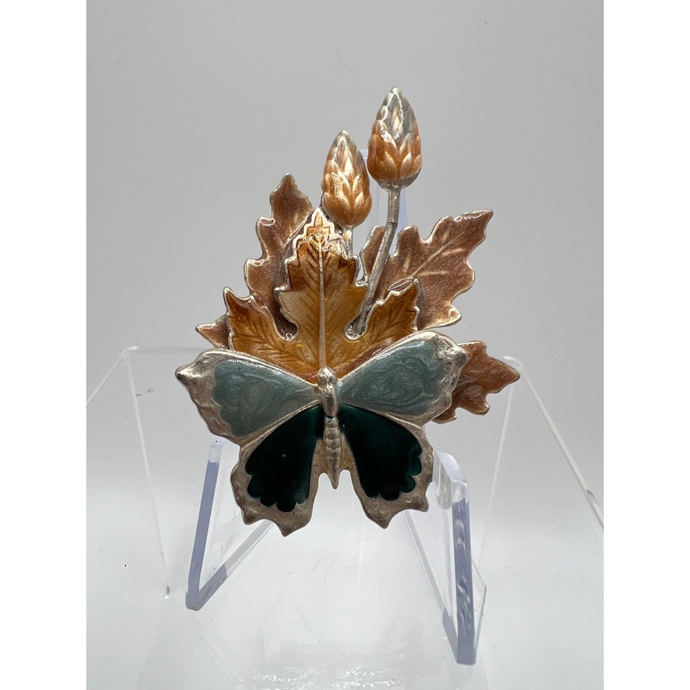 Cottagecore Kenneth Cole Butterfly Leaf Brooch 1.5x2.25" Blue Gold Enamel